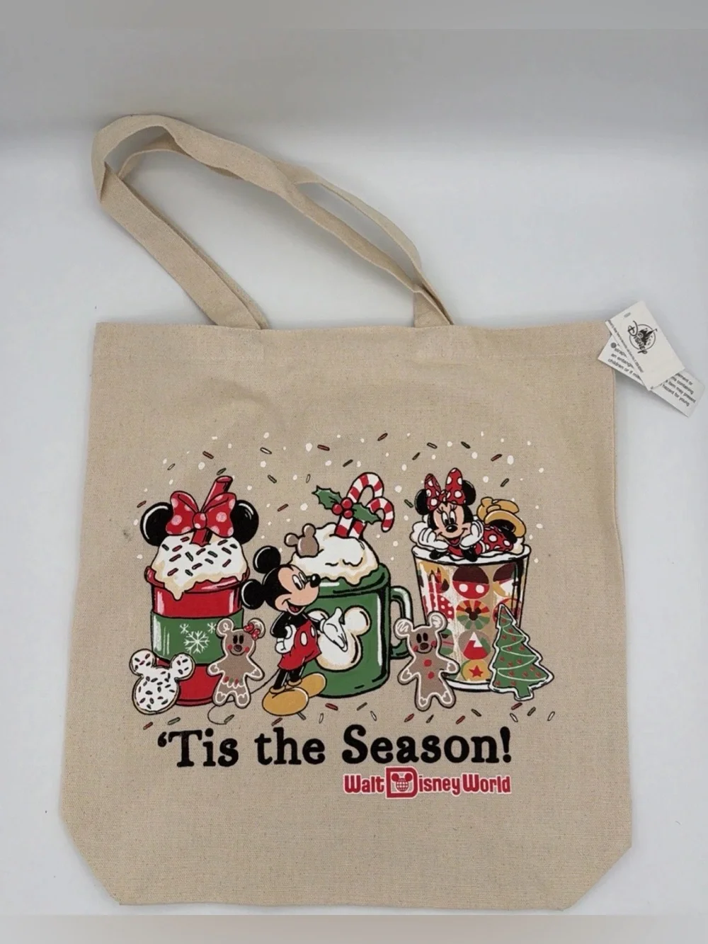 Disney Beige Canvas Holiday Mickey & Minnie Tote with Red and Green Accents